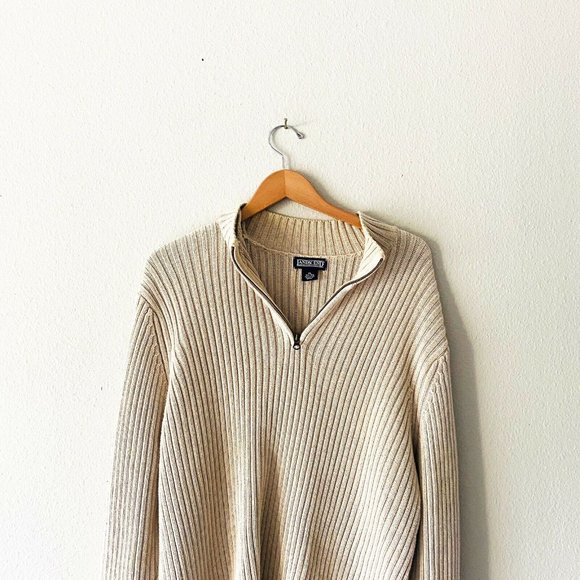 Lands’ End cream 100% cotton mens ribbed sweater - Picture 2 of 7